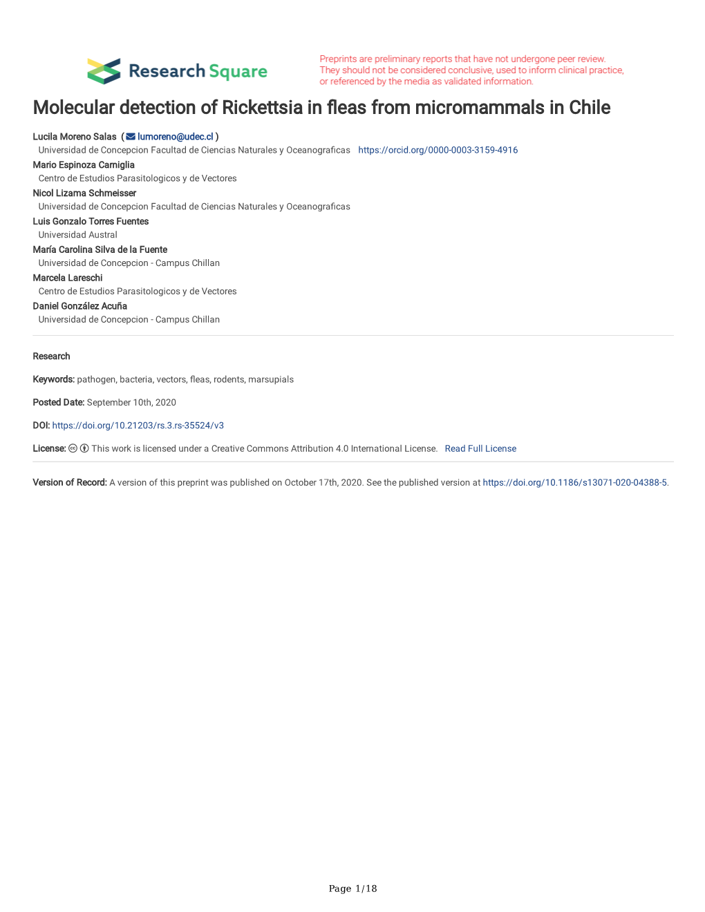 Molecular Detection of Rickettsia in Eas from Micromammals in Chile