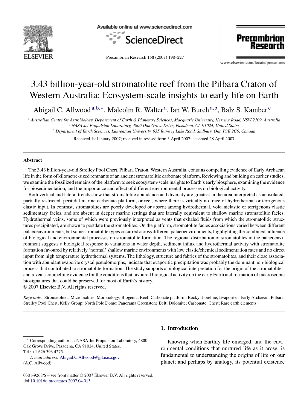 3.43 Billion-Year-Old Stromatolite Reef from the Pilbara Craton of Western Australia: Ecosystem-Scale Insights to Early Life on Earth Abigail C