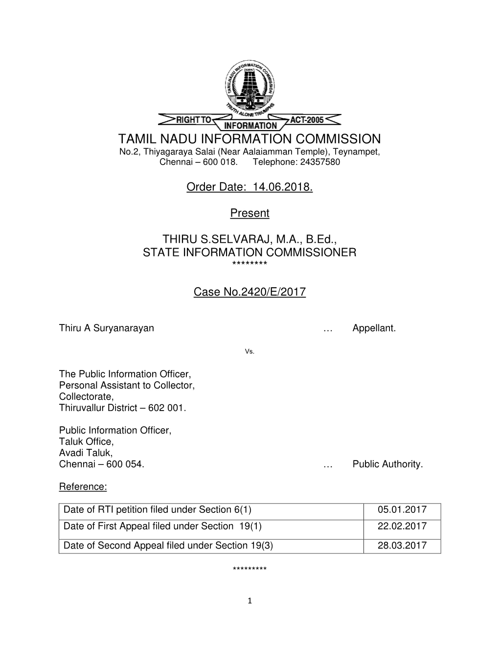 TAMIL NADU INFORMATION COMMISSION No.2, Thiyagaraya Salai (Near Aalaiamman Temple), Teynampet, Chennai – 600 018