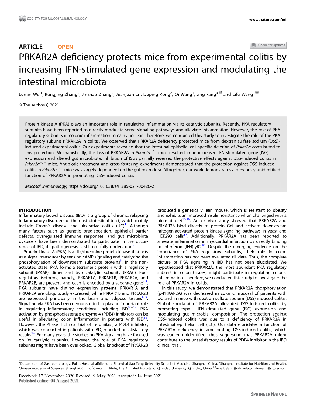 PRKAR2A Deficiency Protects Mice from Experimental Colitis By