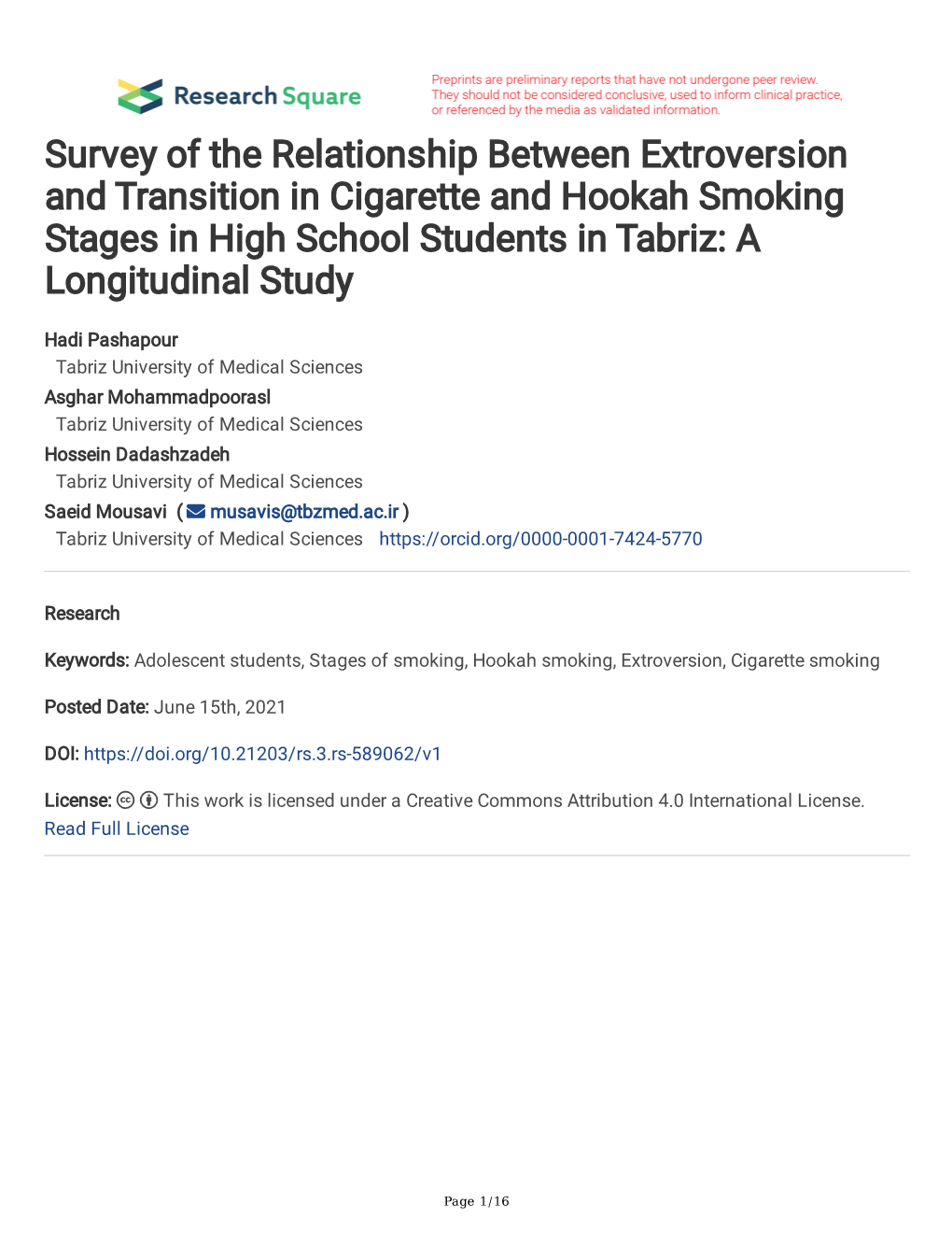 Survey of the Relationship Between Extroversion and Transition in Cigarette and Hookah Smoking Stages in High School Students in Tabriz: a Longitudinal Study