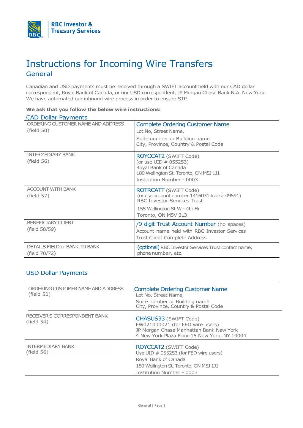 Instructions for Incoming Wire Transfers General