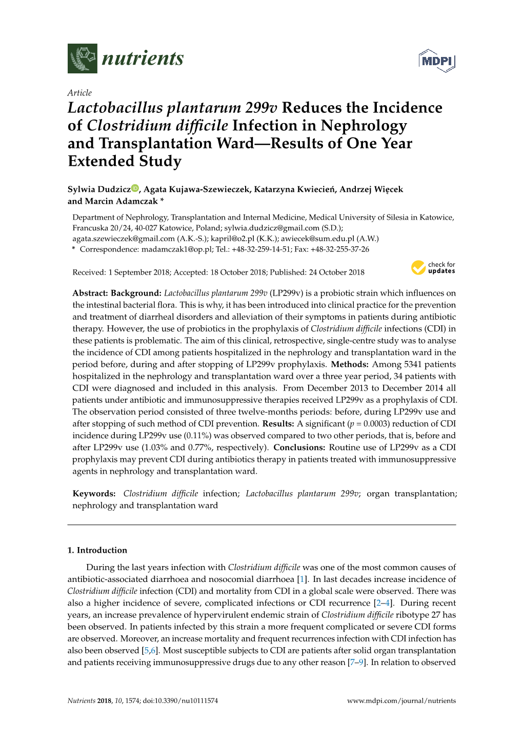 Lactobacillus Plantarum 299V Reduces the Incidence of Clostridium Difﬁcile Infection in Nephrology and Transplantation Ward—Results of One Year Extended Study