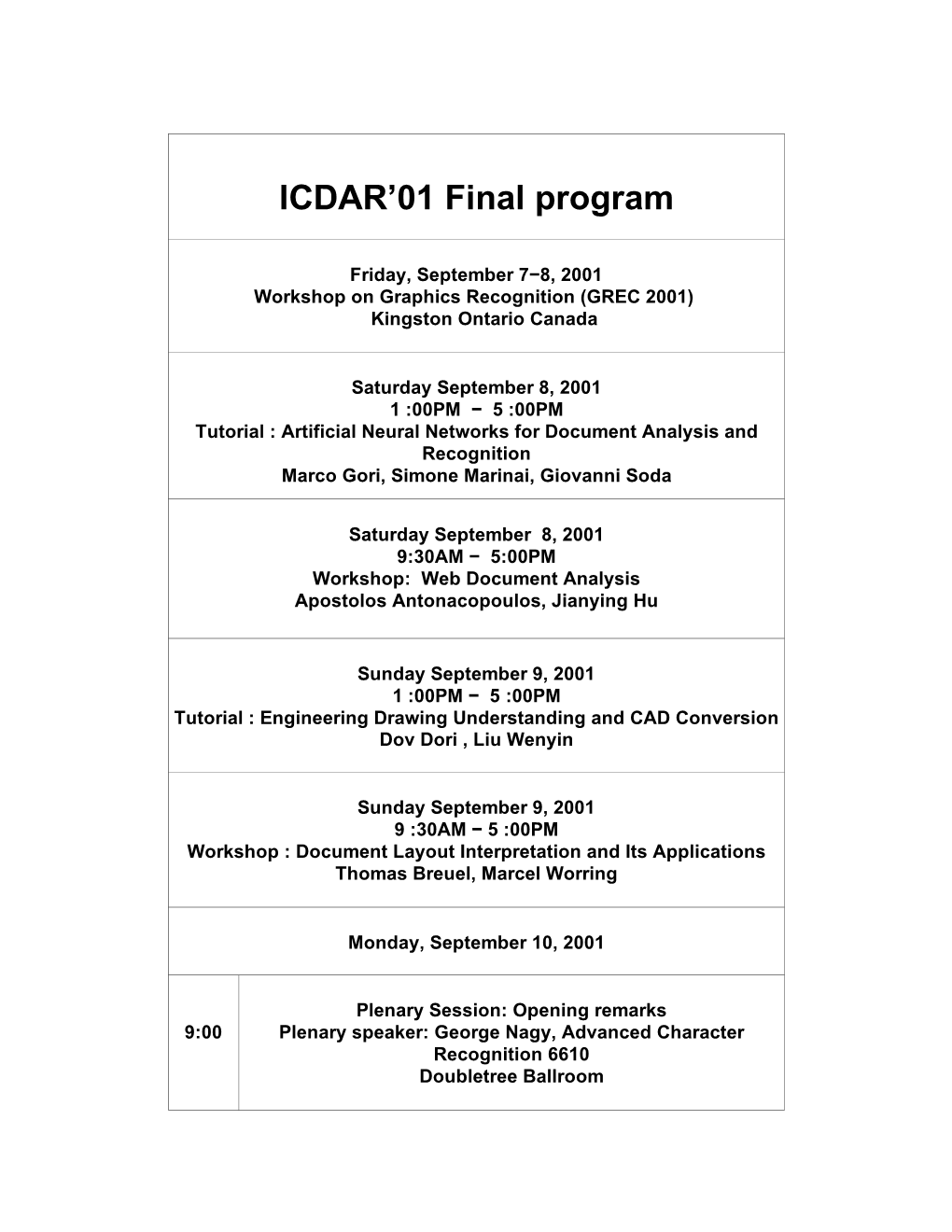 ICDAR'01 Final Program