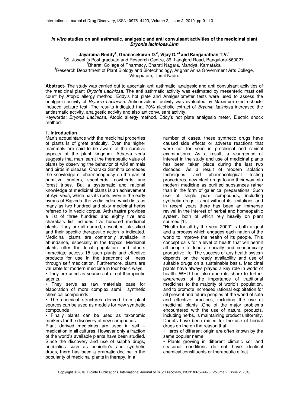 In Vitro Studies on Anti Asthmatic, Analgesic and Anti Convulsant Activities of the Medicinal Plant Bryonia Laciniosa.Linn Jayar