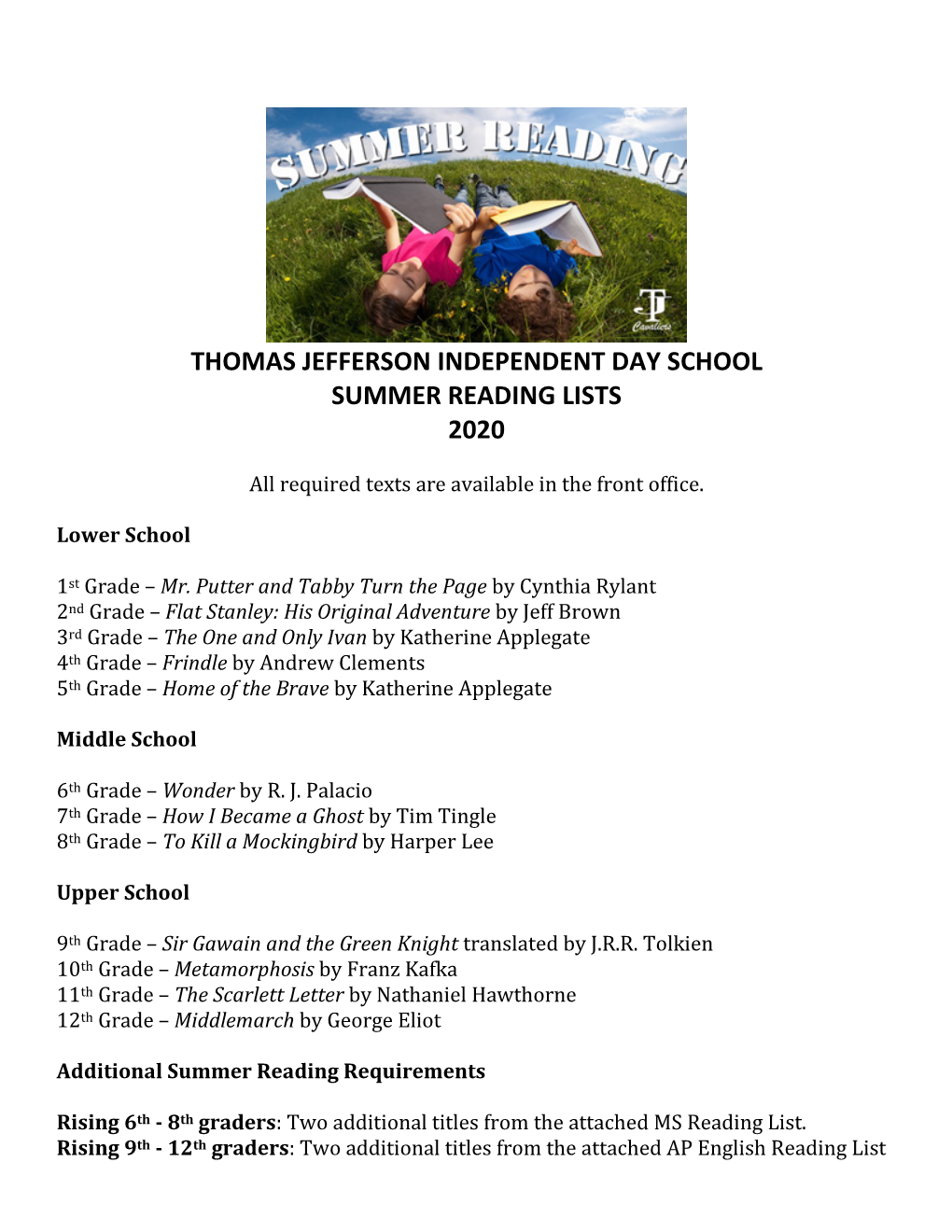 Thomas Jefferson Independent Day School Summer Reading Lists 2020