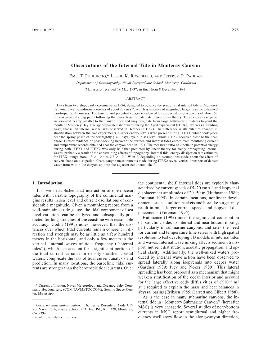 Observations of the Internal Tide in Monterey Canyon