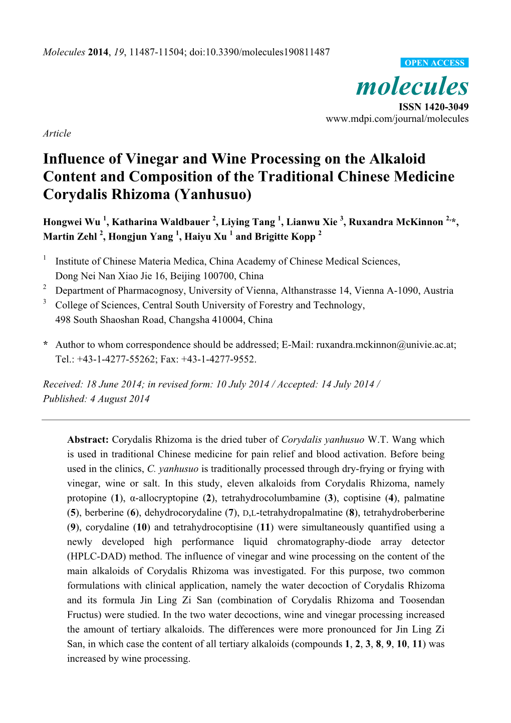 Influence of Vinegar and Wine Processing on the Alkaloid Content and Composition of the Traditional Chinese Medicine Corydalis Rhizoma (Yanhusuo)