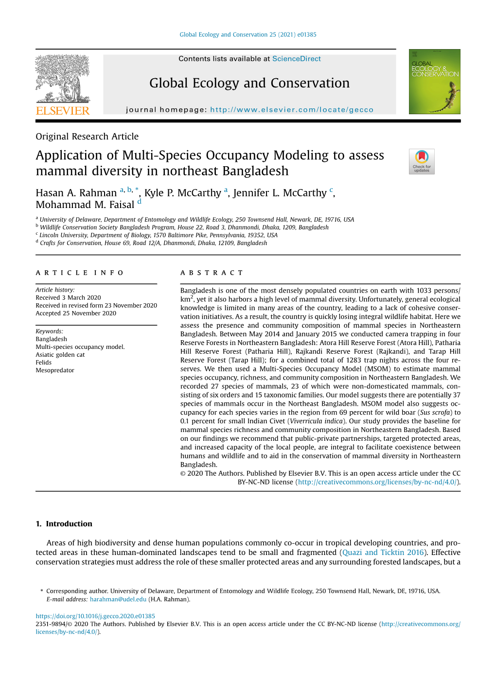 Global Ecology and Conservation 25 (2021) E01385