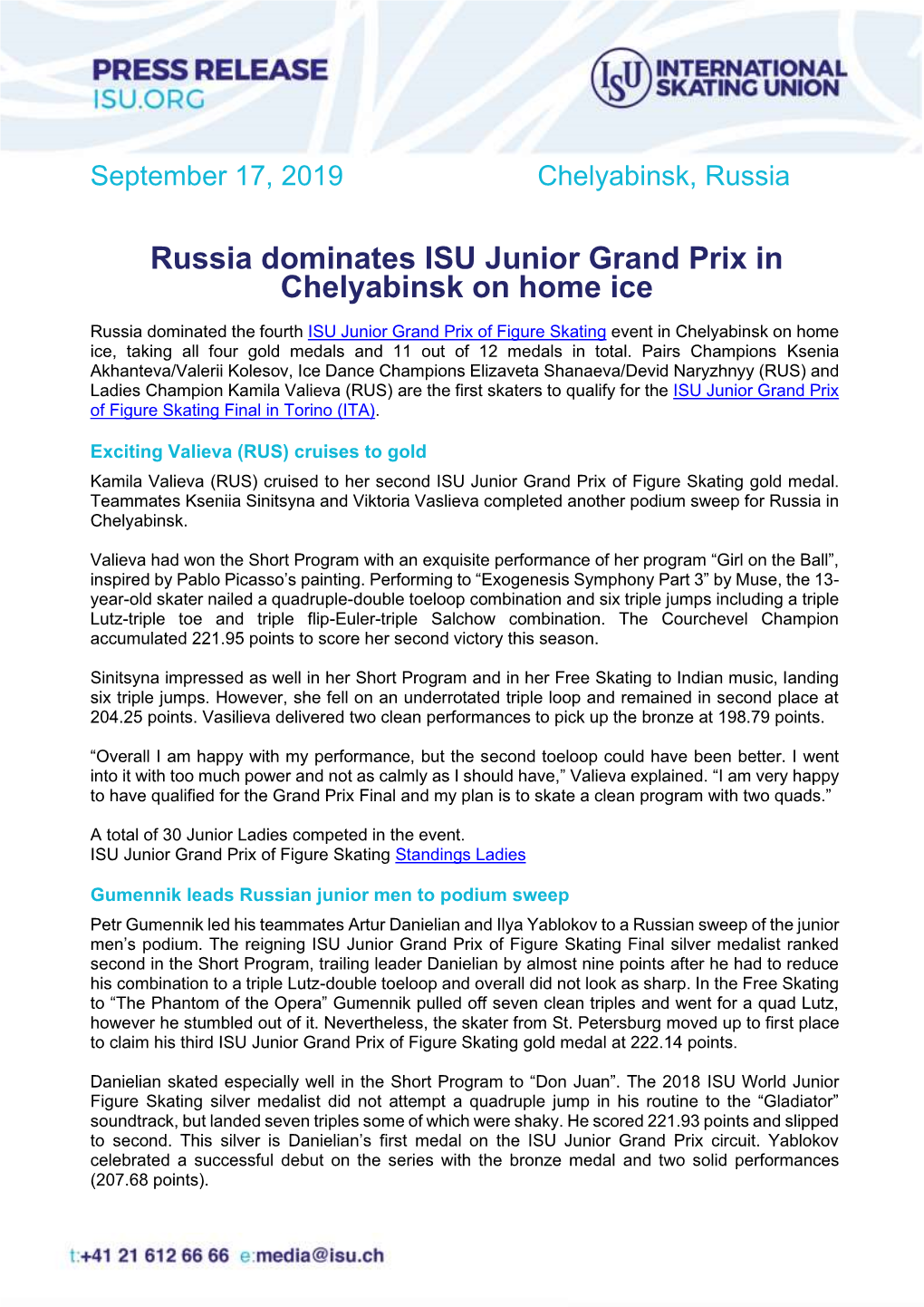 ISU Junior Grand Prix of Figure Skating Event in Chelyabinsk on Home Ice, Taking All Four Gold Medals and 11 out of 12 Medals in Total