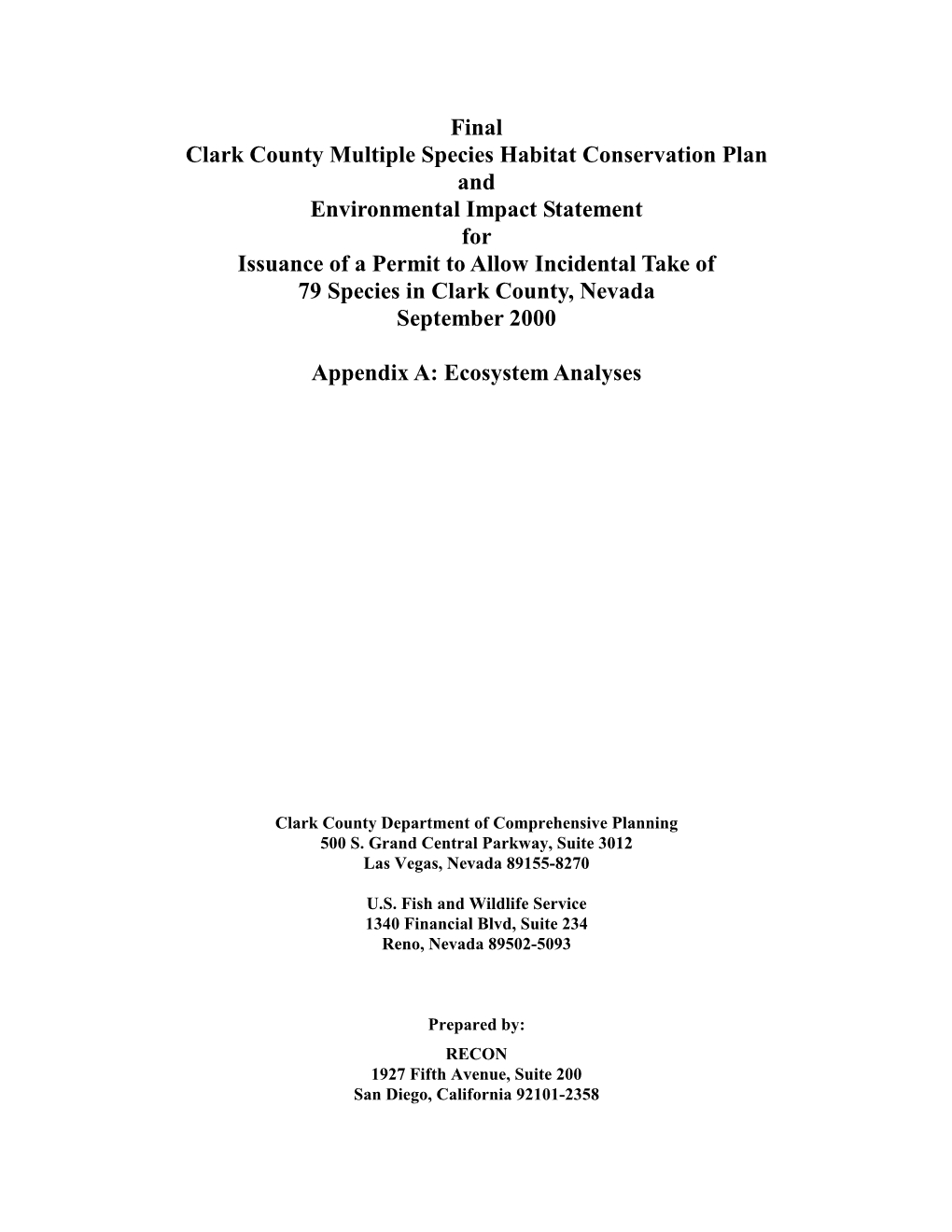 Final Clark County Multiple Species Habitat Conservation Plan and Environmental Impact Statement for Issuance of a Permit To