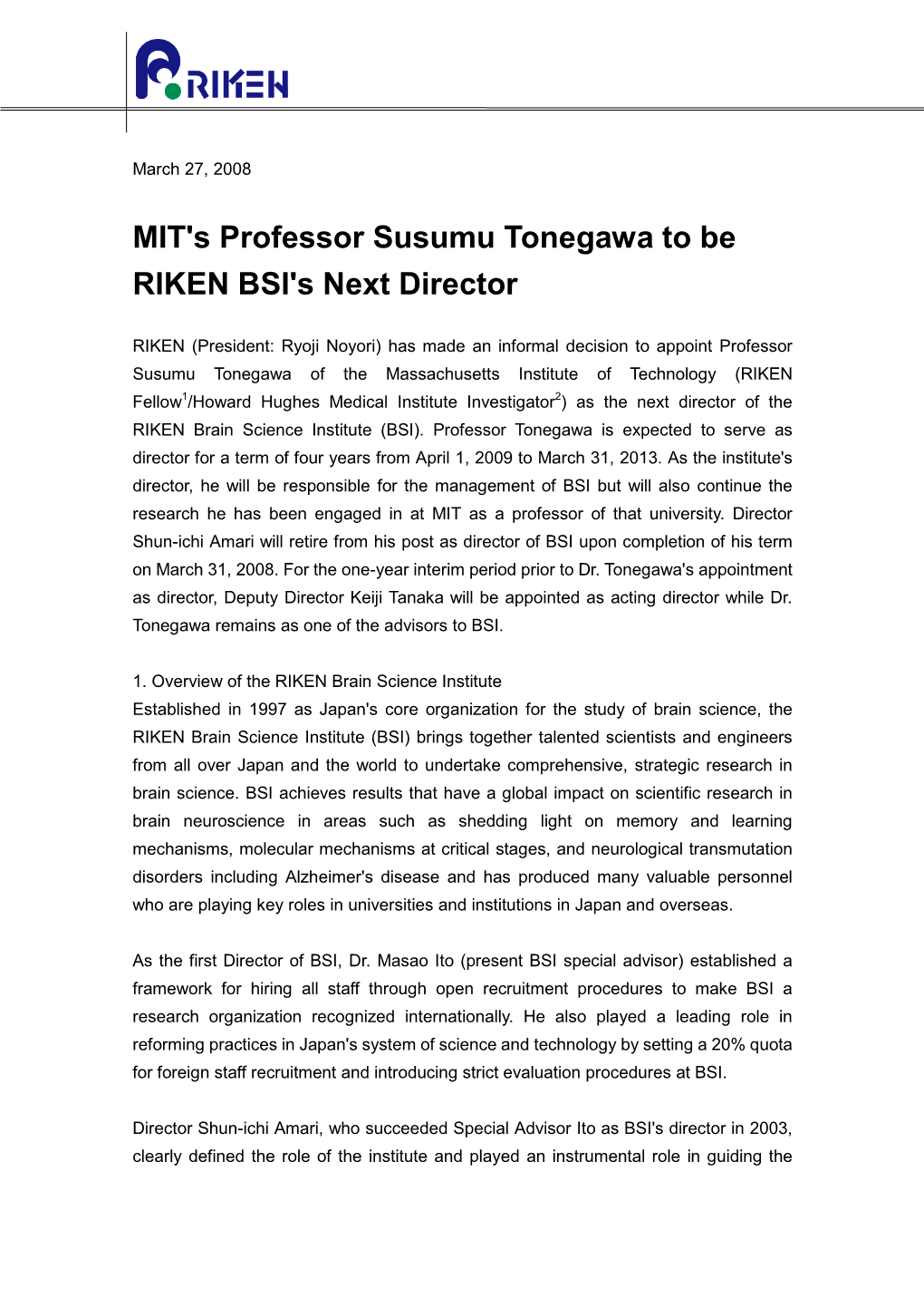 MIT's Professor Susumu Tonegawa to Be RIKEN BSI's Next Director