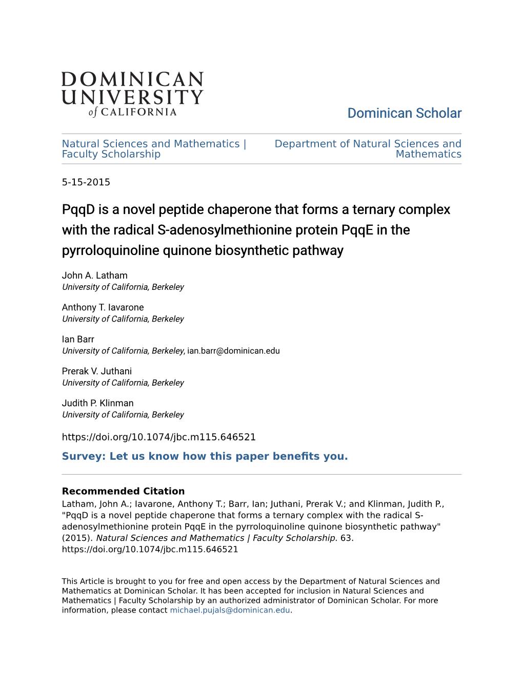 Pqqd Is a Novel Peptide Chaperone That Forms a Ternary Complex With