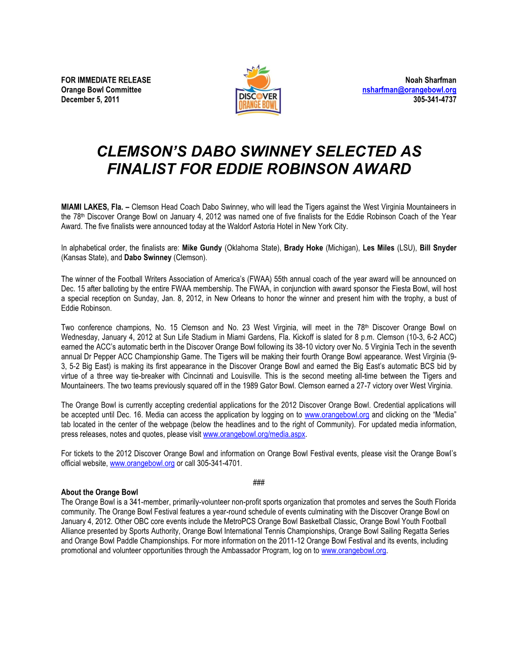 Clemson's Dabo Swinney Selected As Finalist for Eddie Robinson Award
