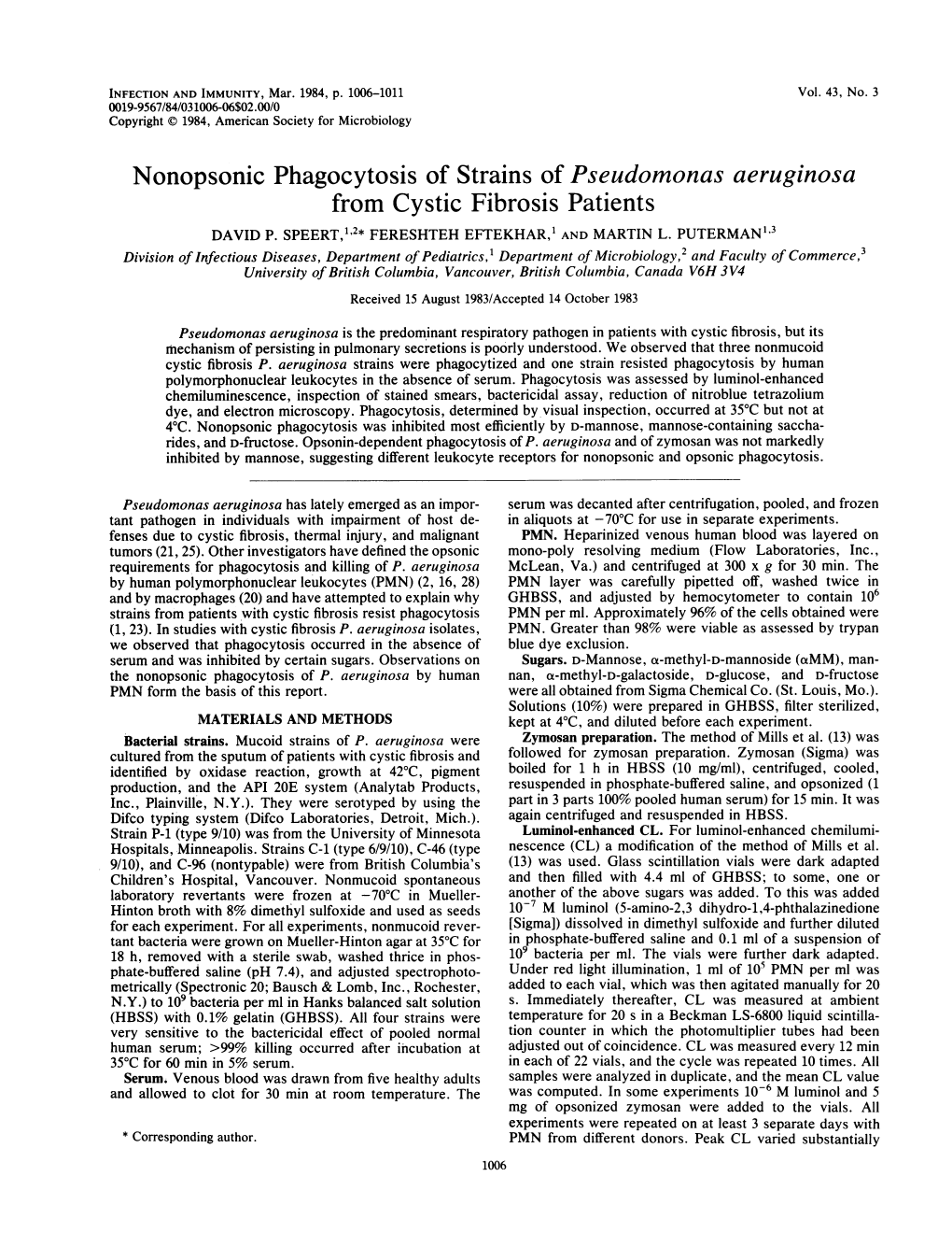 Nonopsonic Phagocytosis of Strains of Pseudomonas Aeruginosa from Cystic Fibrosis Patients DAVID P