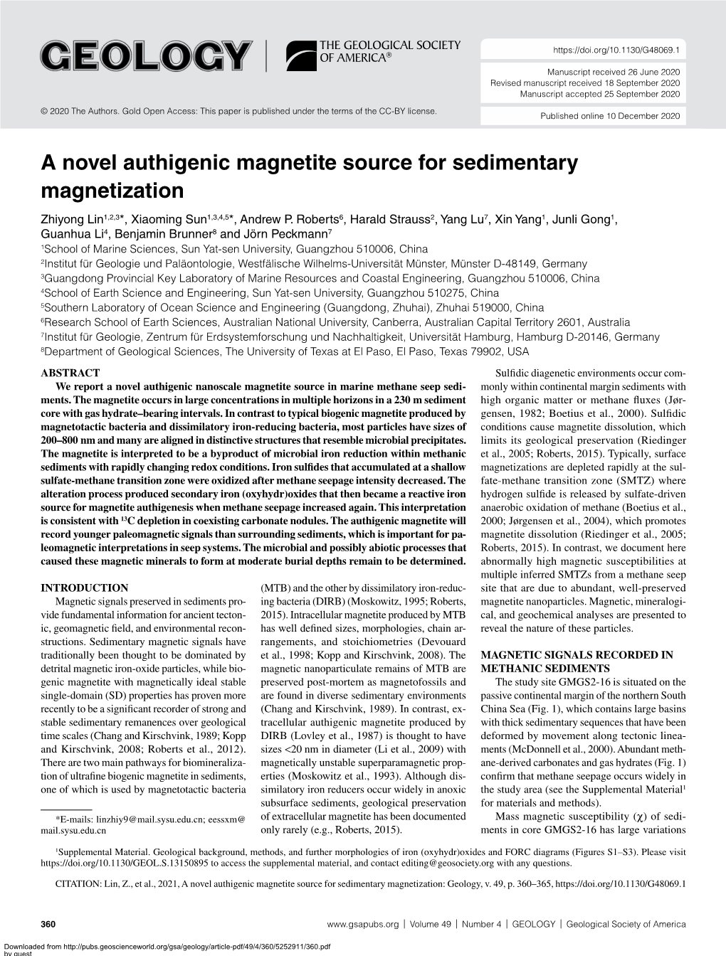 A Novel Authigenic Magnetite Source for Sedimentary Magnetization Zhiyong Lin1,2,3*, Xiaoming Sun1,3,4,5*, Andrew P