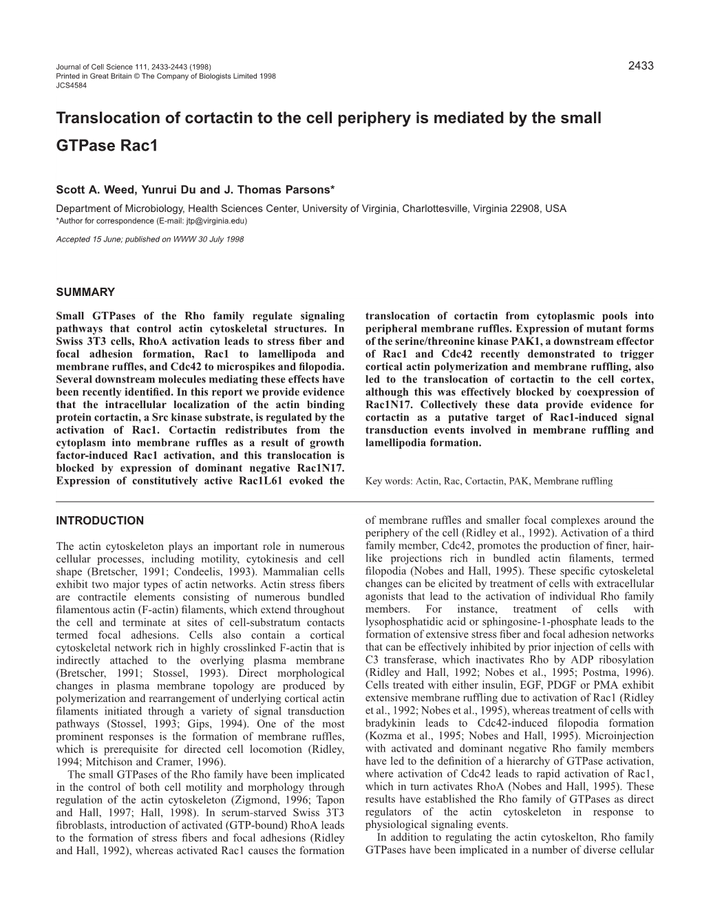 Translocation of Cortactin to the Cell Periphery Is Mediated by the Small Gtpase Rac1