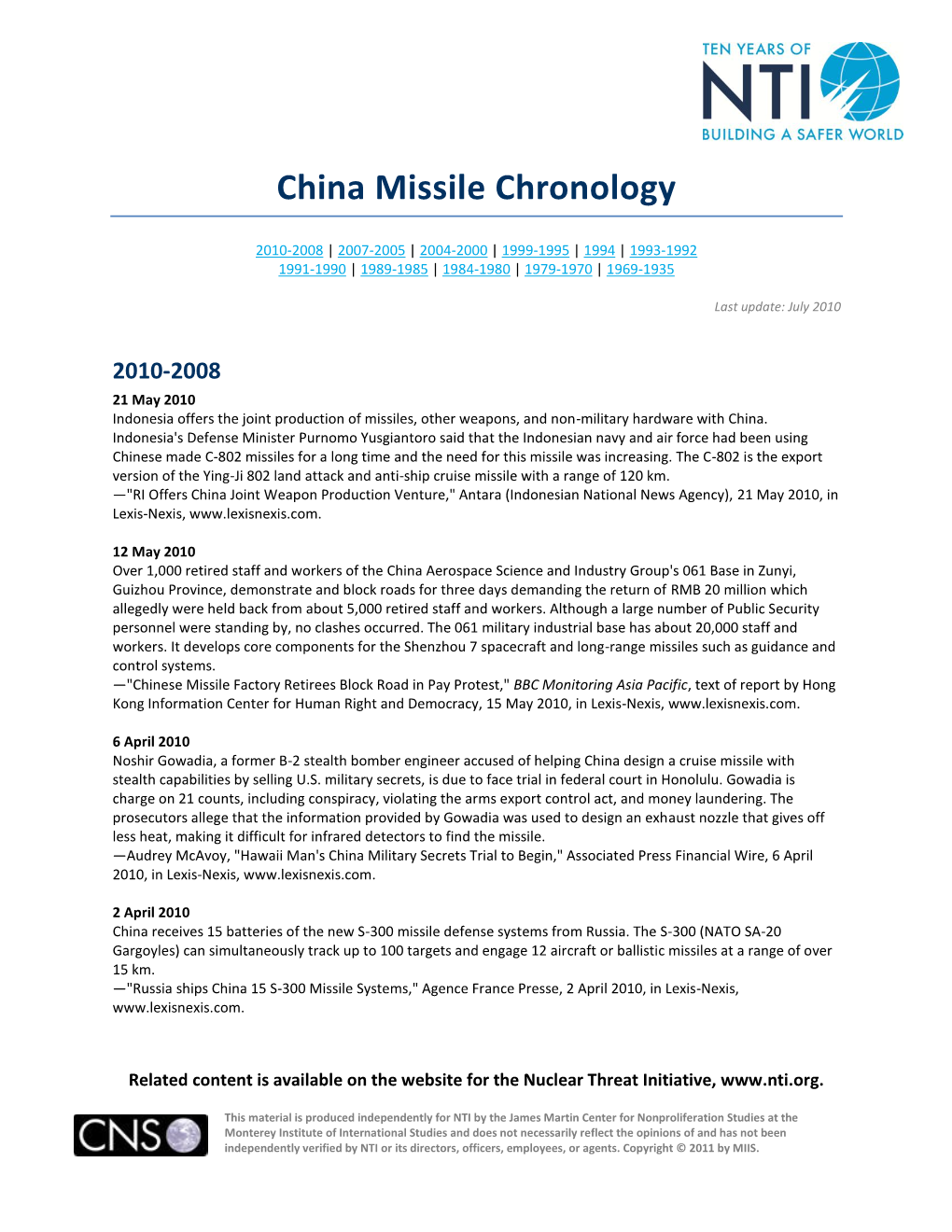 China Missile Chronology