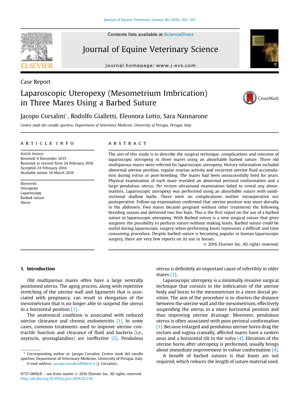 Laparoscopic Uteropexy (Mesometrium Imbrication) in Three Mares Using a Barbed Suture