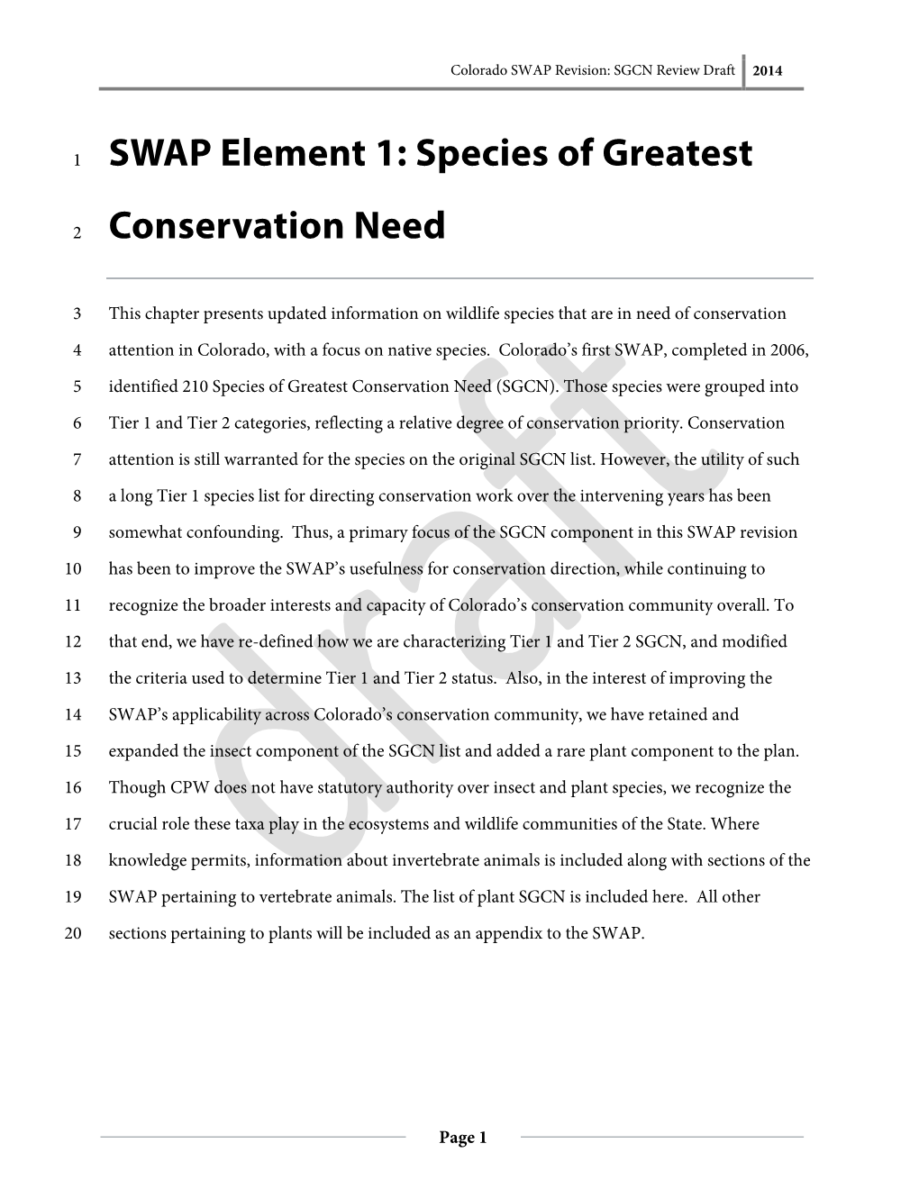 SWAP Element 1: Species of Greatest