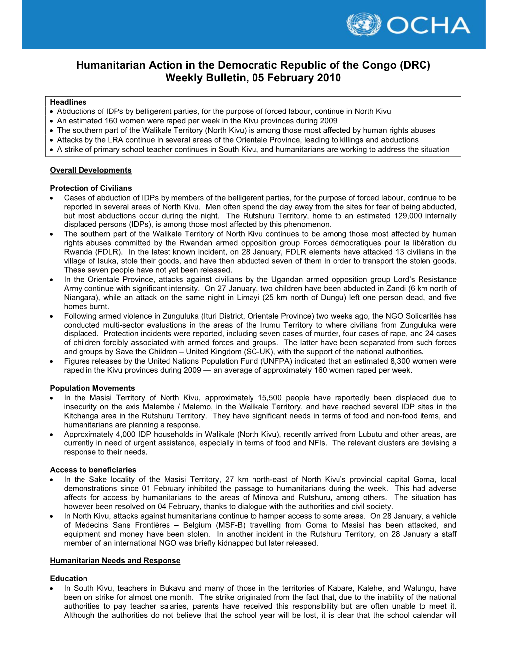 Humanitarian Action in the Democratic Republic of the Congo (DRC) Weekly Bulletin, 05 February 2010