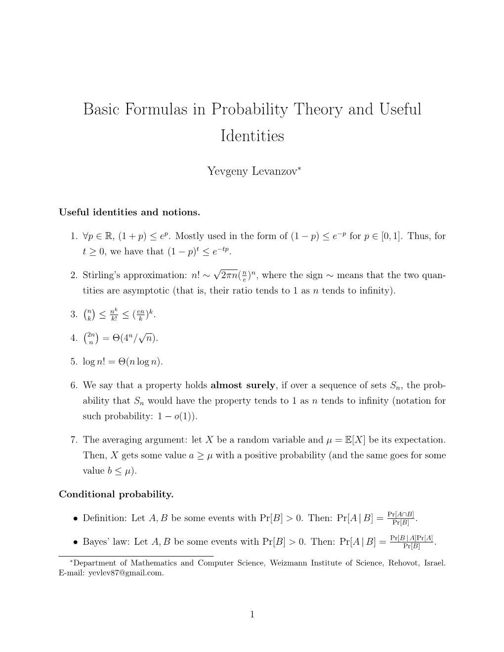 Basic Formulas in Probability Theory and Useful Identities