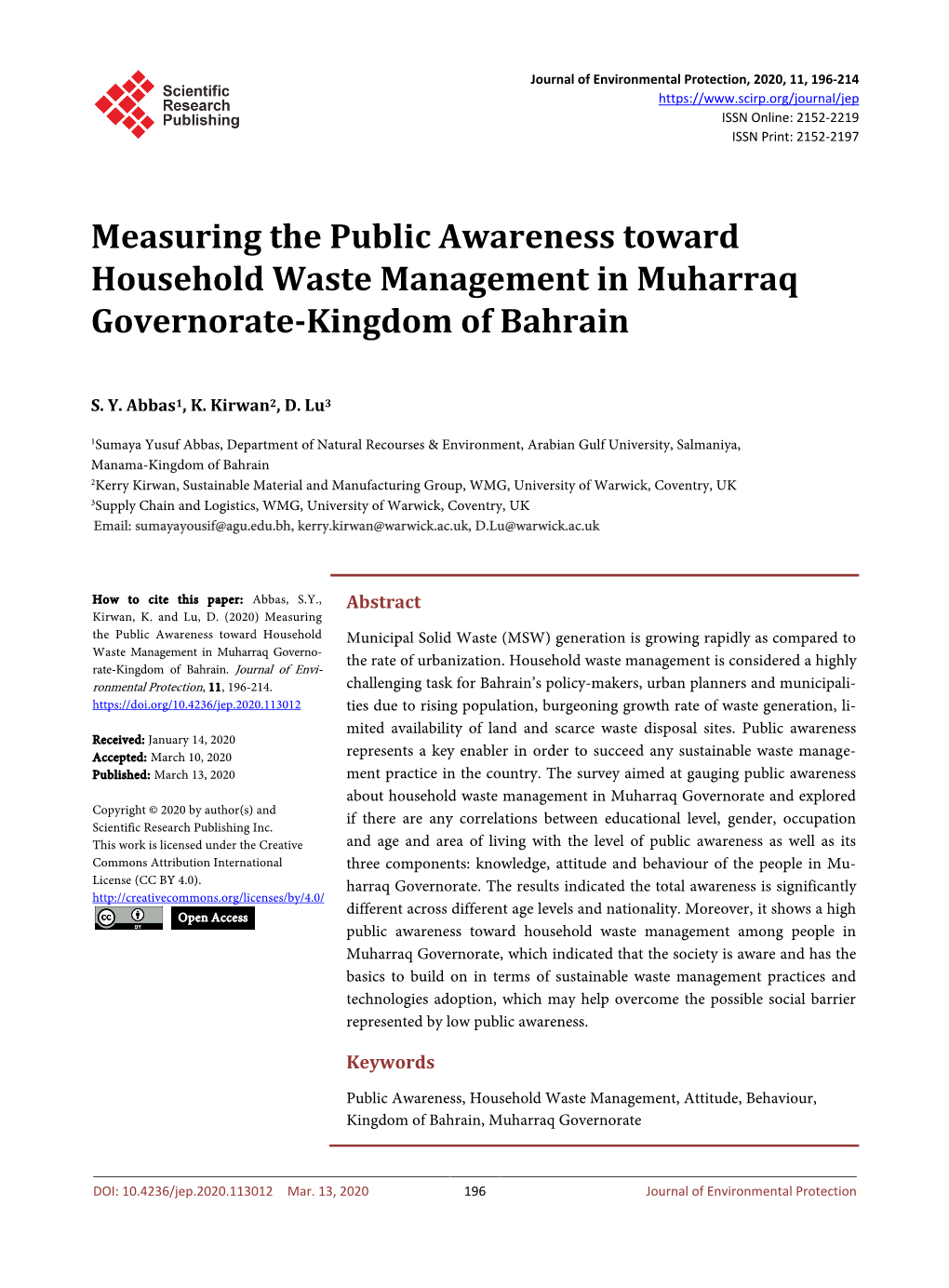 Measuring the Public Awareness Toward Household Waste Management in Muharraq Governorate-Kingdom of Bahrain