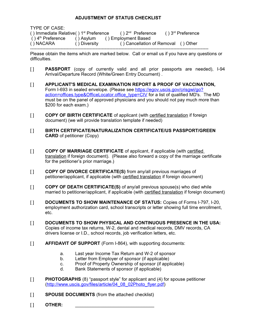 Adjustment of Status Checklist