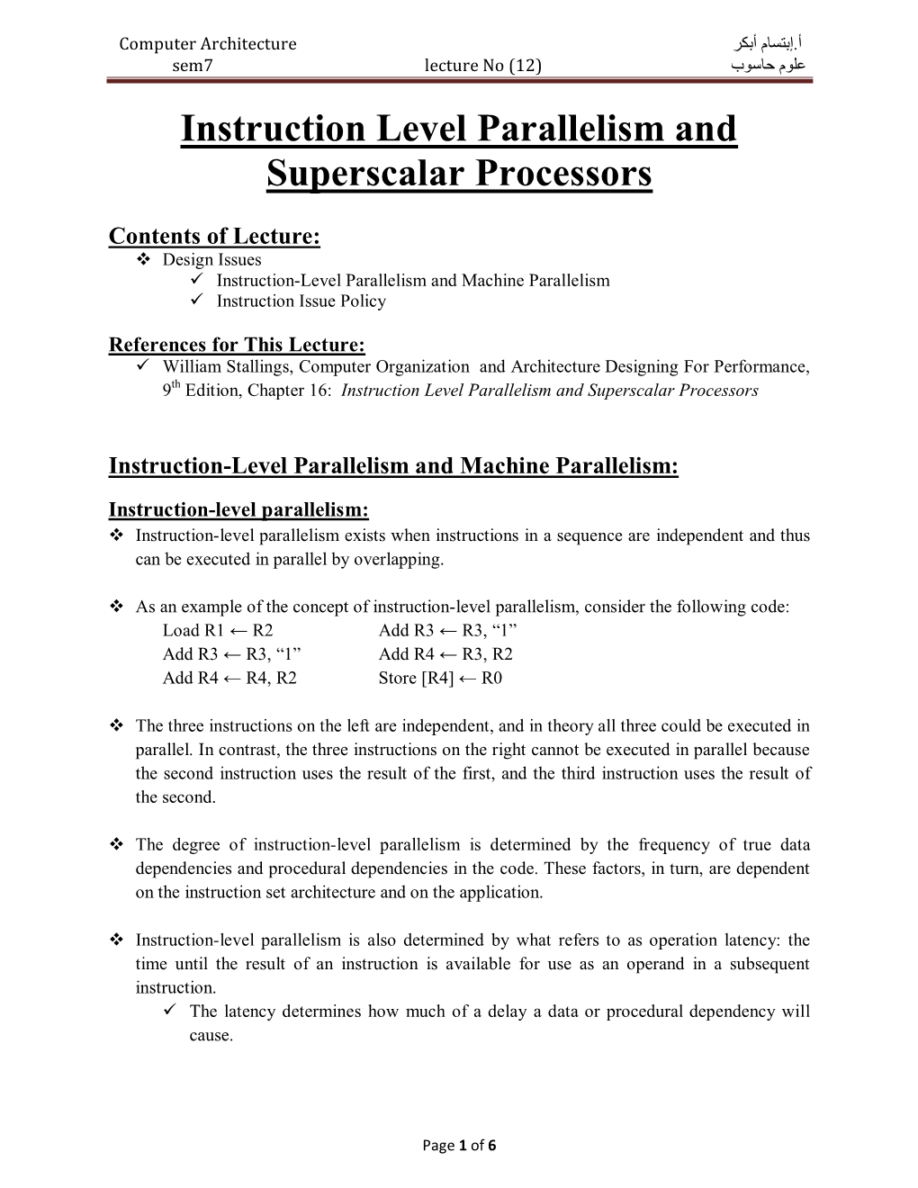 Instruction Level Parallelism and Superscalar Processors