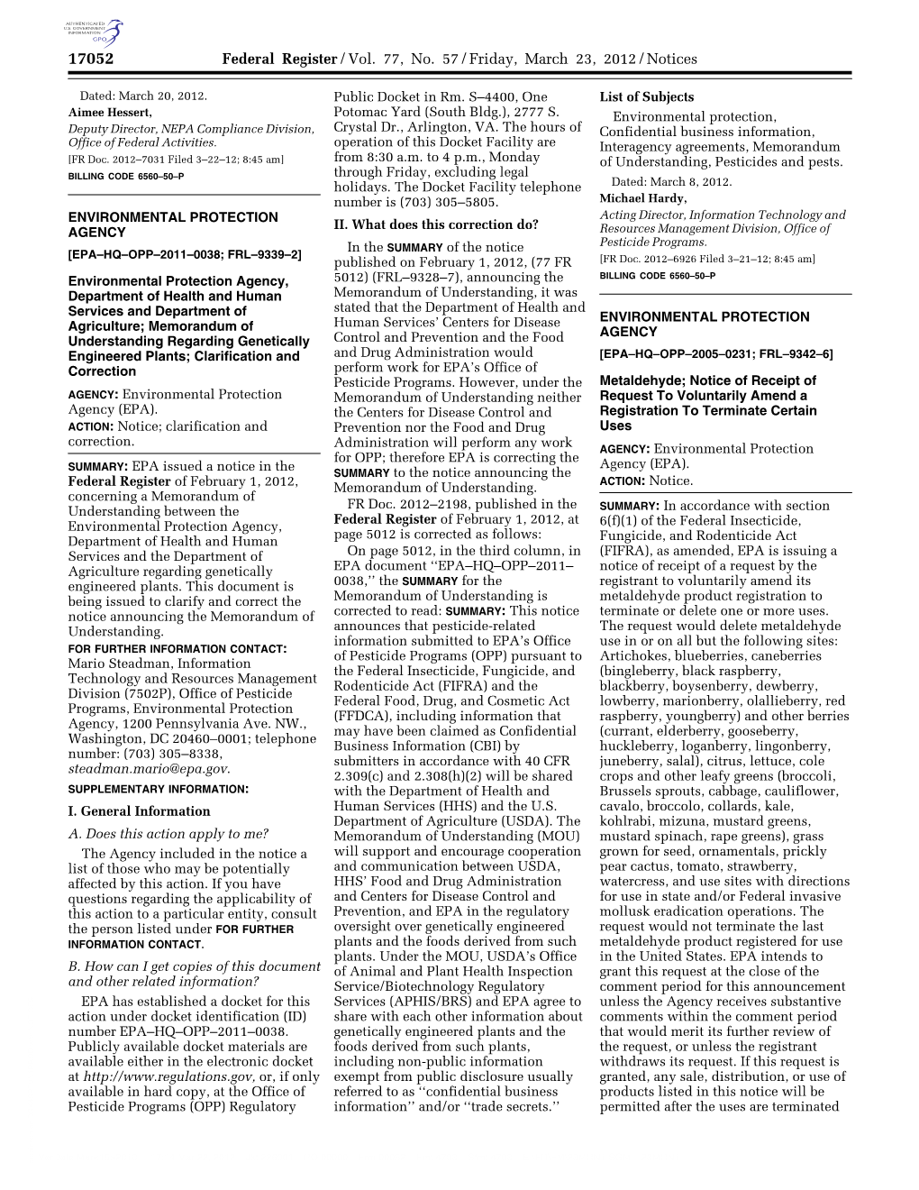 Federal Register/Vol. 77, No. 57/Friday, March 23, 2012/Notices