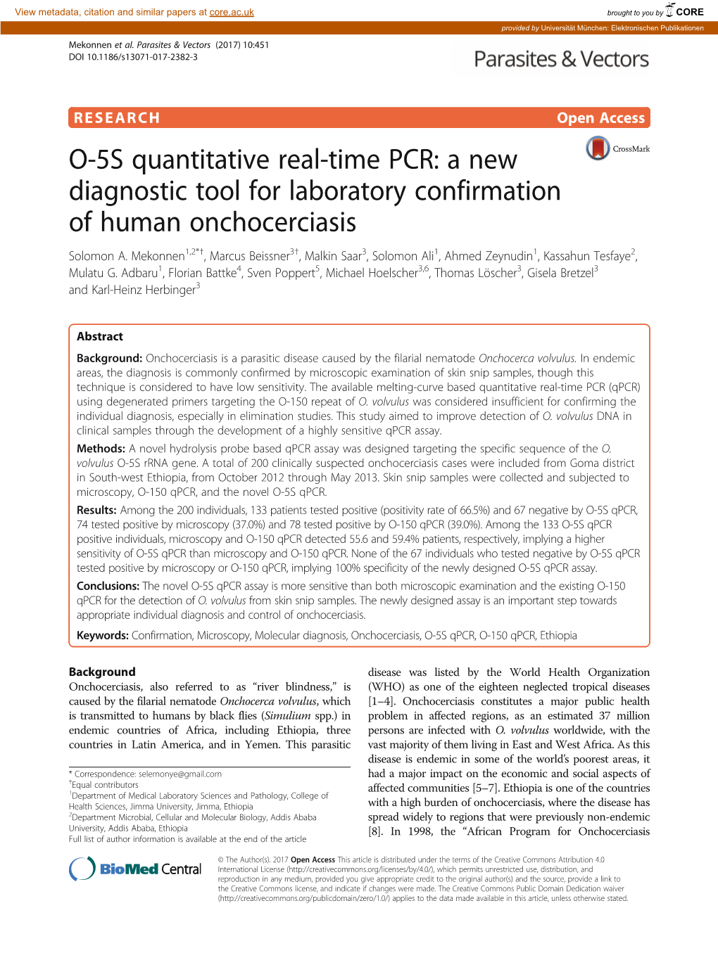 O-5S Quantitative Real-Time PCR: a New Diagnostic Tool for Laboratory Confirmation of Human Onchocerciasis Solomon A