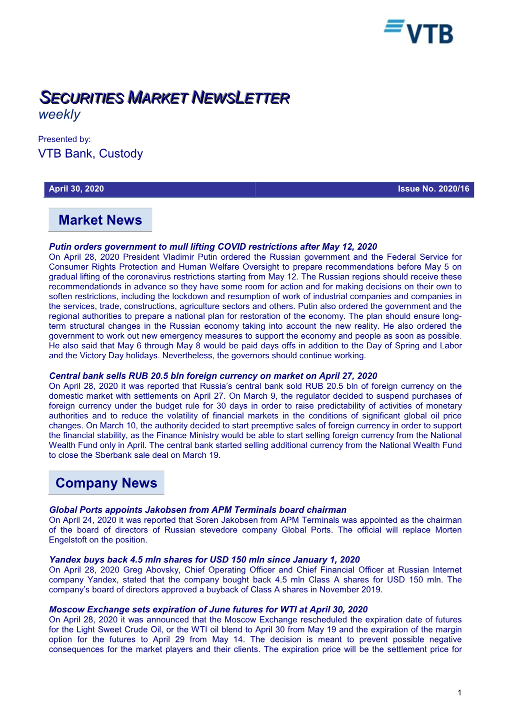 Market News Company News SECURITIES MARKET NEWS