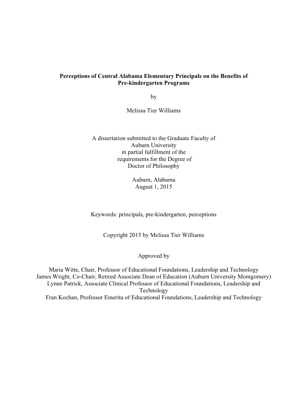 Perceptions of Central Alabama Elementary Principals on the Benefits of Pre-Kindergarten Programs