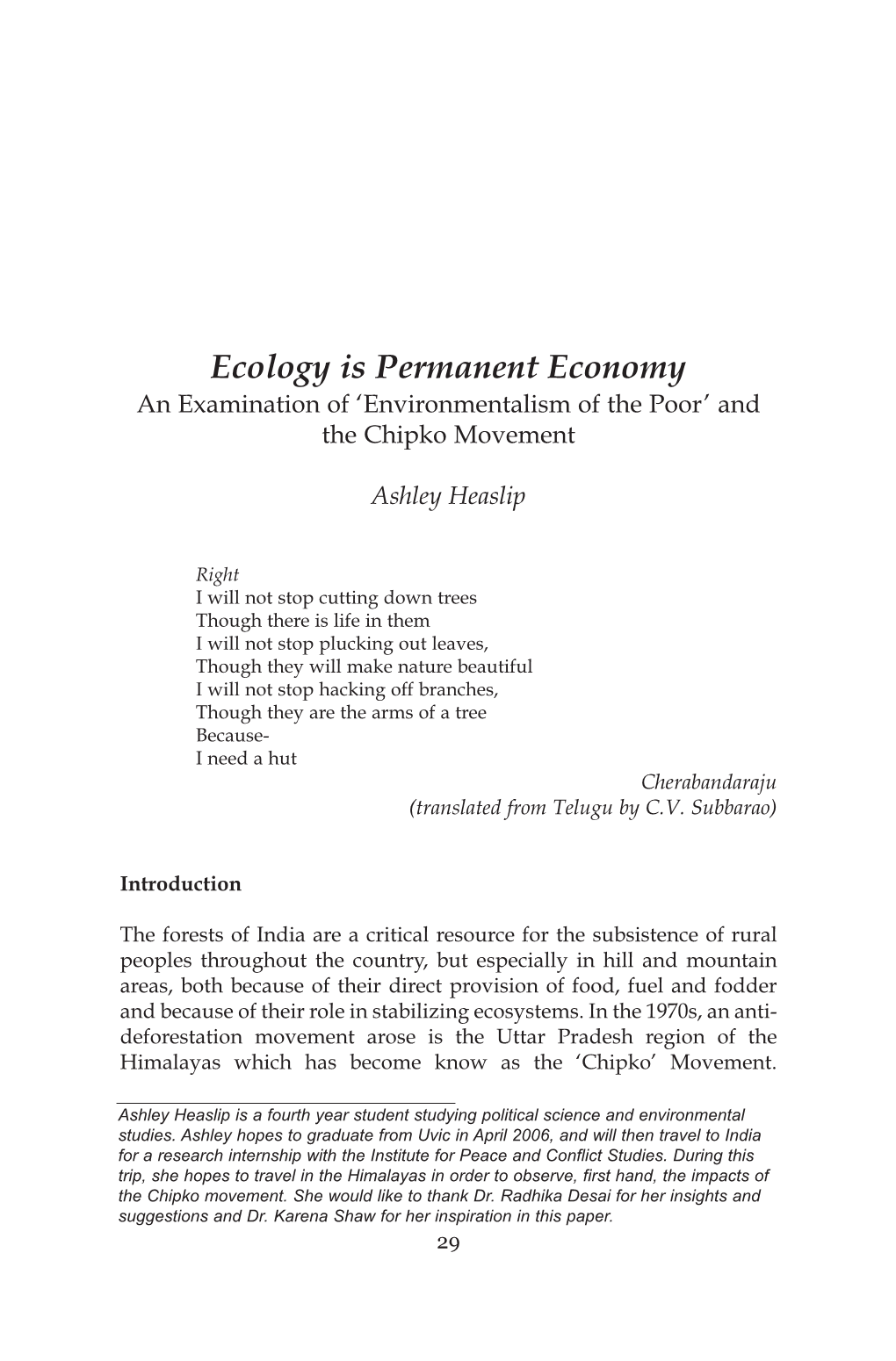 Ecology Is Permanent Economy an Examination of ‘Environmentalism of the Poor’ and the Chipko Movement