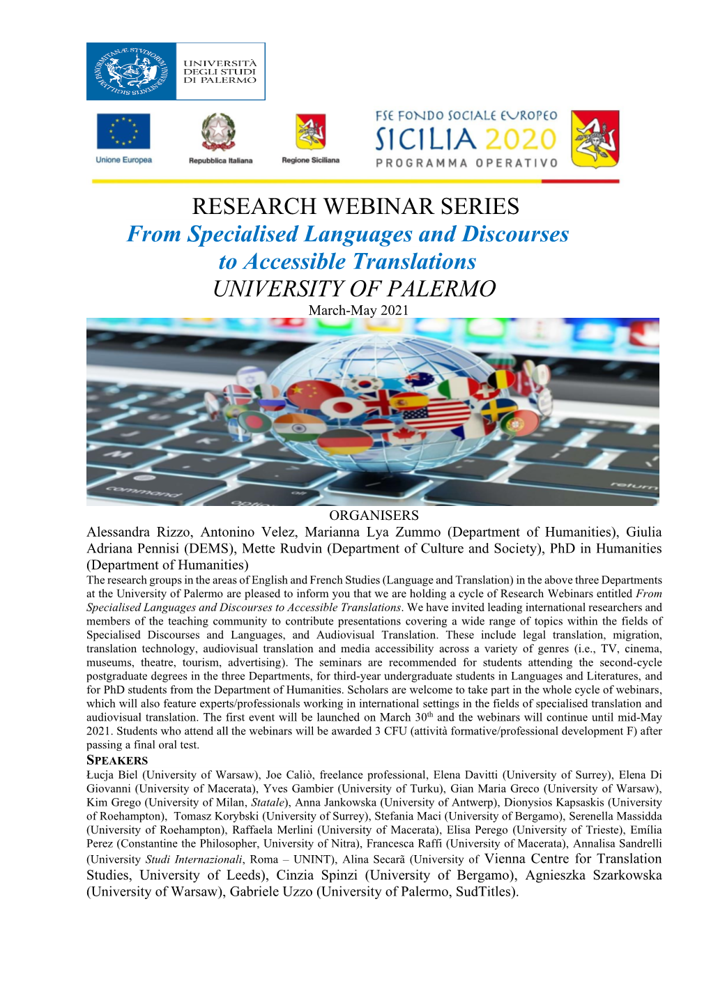 RESEARCH WEBINAR SERIES from Specialised Languages and Discourses to Accessible Translations UNIVERSITY of PALERMO March-May 2021
