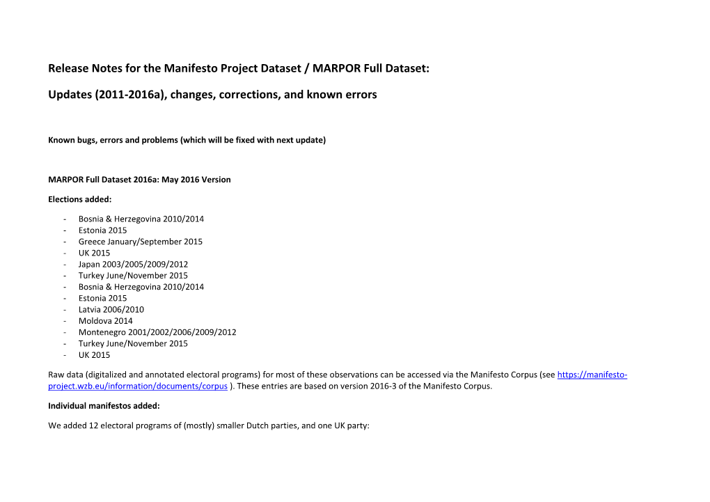 Release Notes for the Manifesto Project Dataset / MARPOR Full Dataset