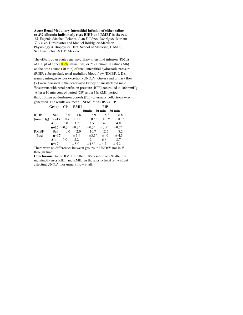 Acute Renal Medullary Interstitial Infusion of Either Saline