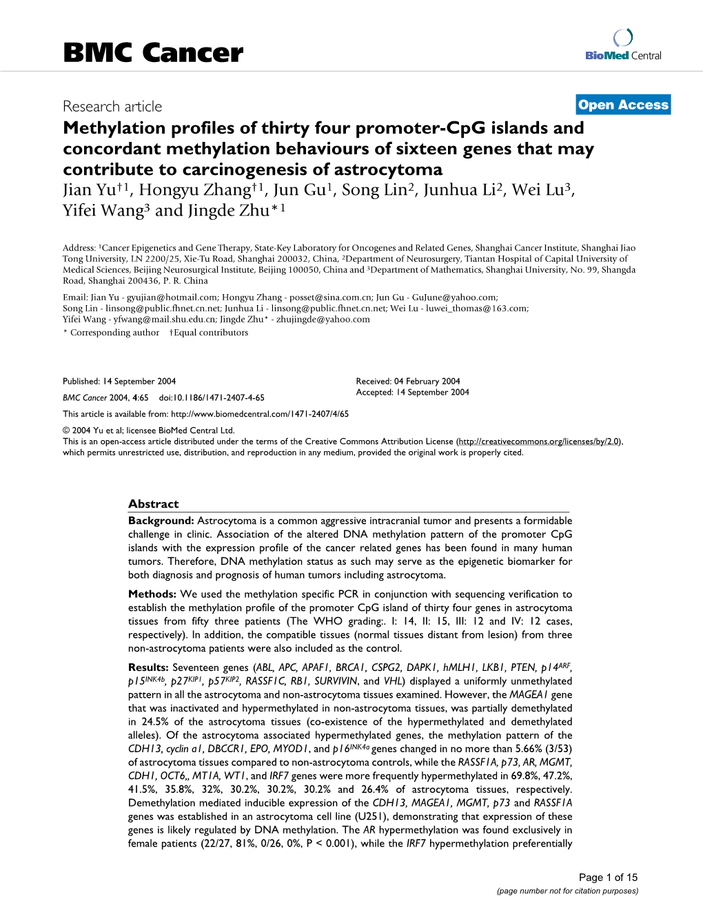 Methylation Profiles of Thirty Four Promoter-Cpg Islands And