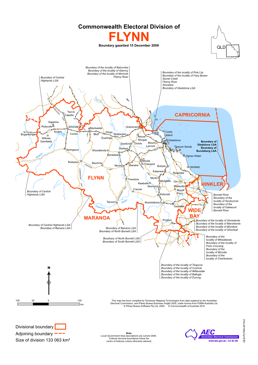 Commonwealth Electoral Division of FLYNN Boundary Gazetted 15 December 2009 QLD