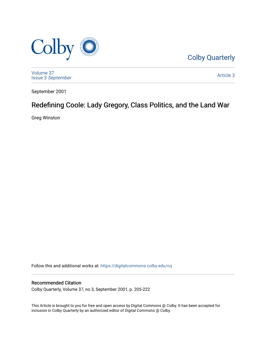 Redefining Coole: Lady Gregory, Class Politics, and the Land War