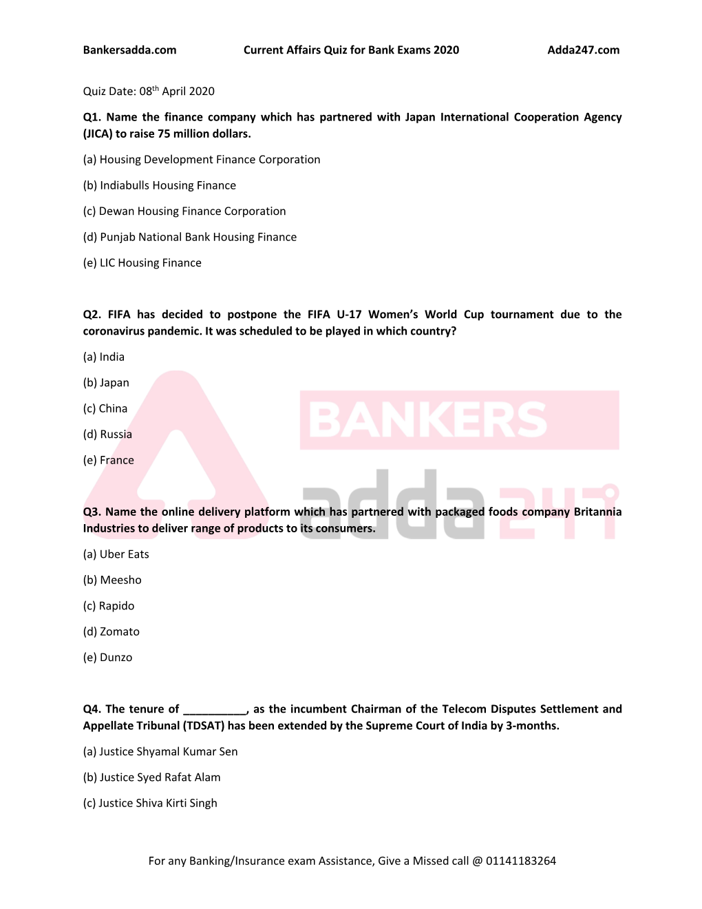 Bankersadda.Com Current Affairs Quiz for Bank Exams 2020 Adda247.Com for Any Banking/Insurance Exam Assistance, Give a Missed Ca