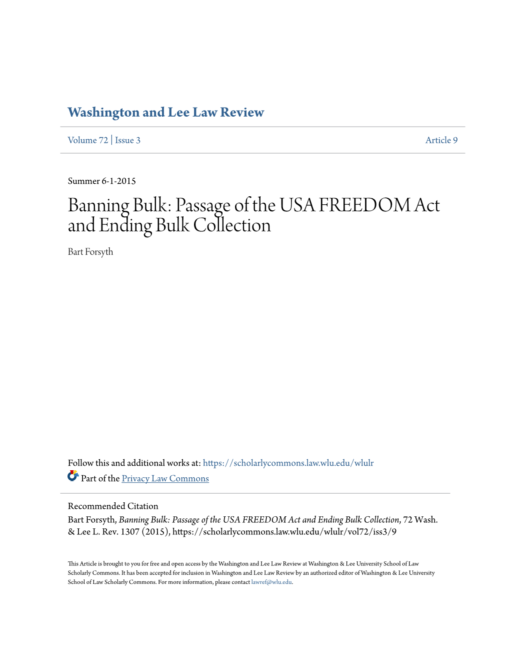 Passage of the USA FREEDOM Act and Ending Bulk Collection Bart Forsyth