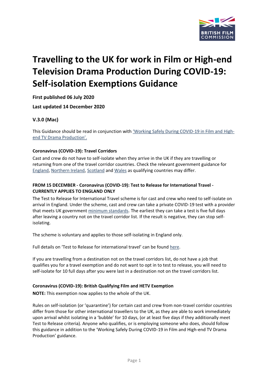 Travelling to the UK for Work in Film Or High-End Television Drama Production During COVID-19: Self-Isolation Exemptions Guidance