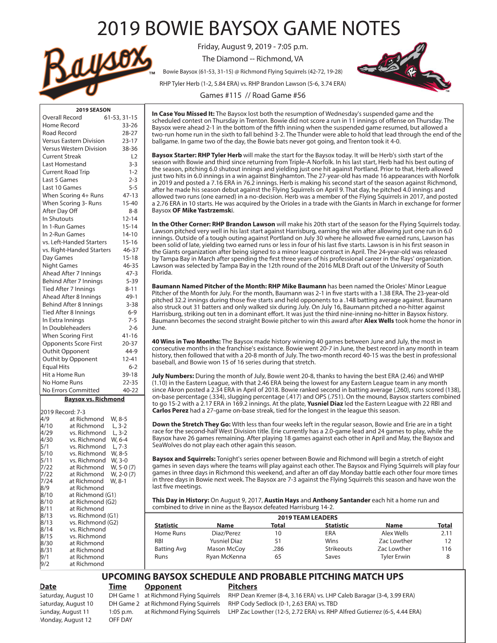 2019 BOWIE BAYSOX GAME NOTES Friday, August 9, 2019 - 7:05 P.M