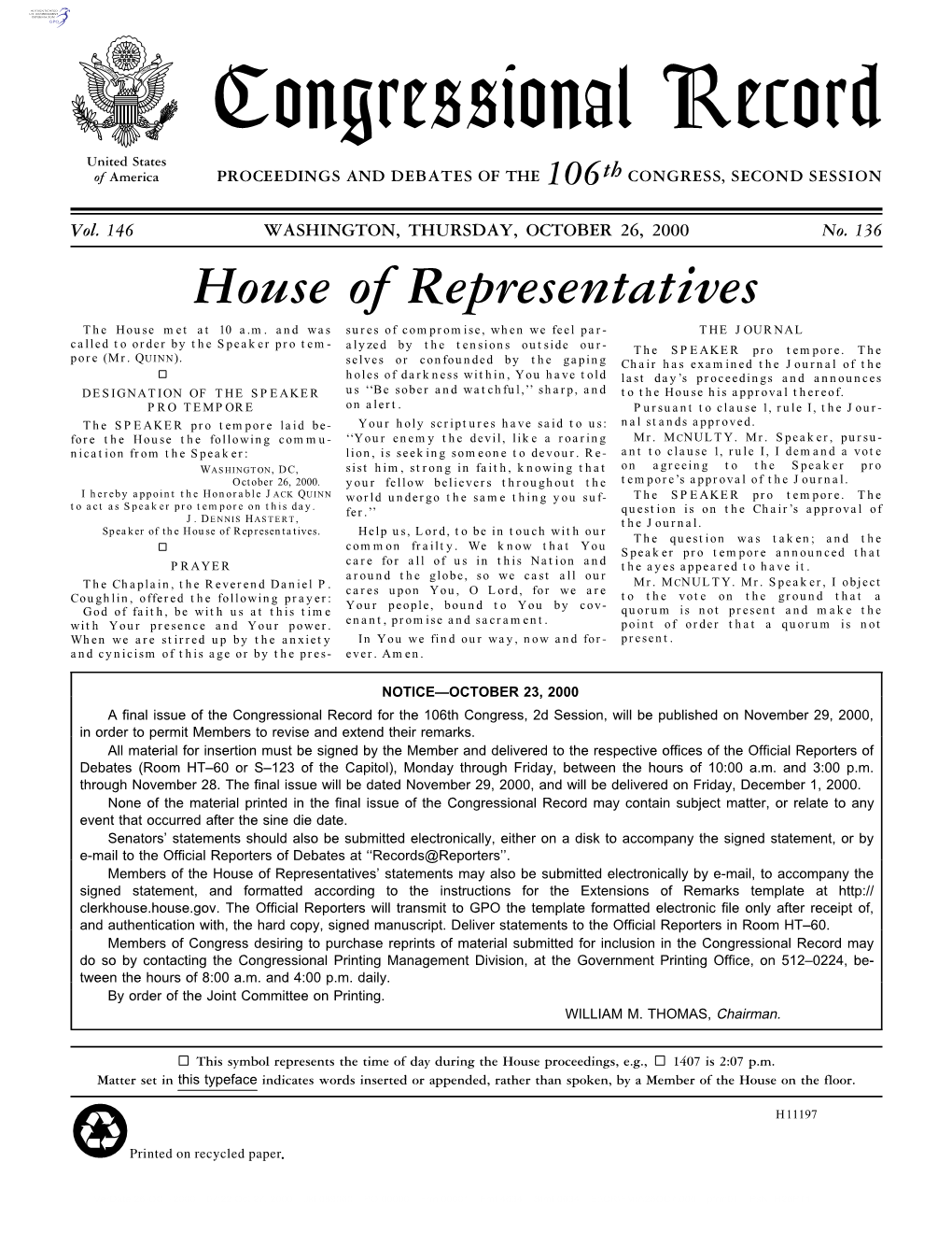 Congressional Record United States of America PROCEEDINGS and DEBATES of the 106Th CONGRESS, SECOND SESSION