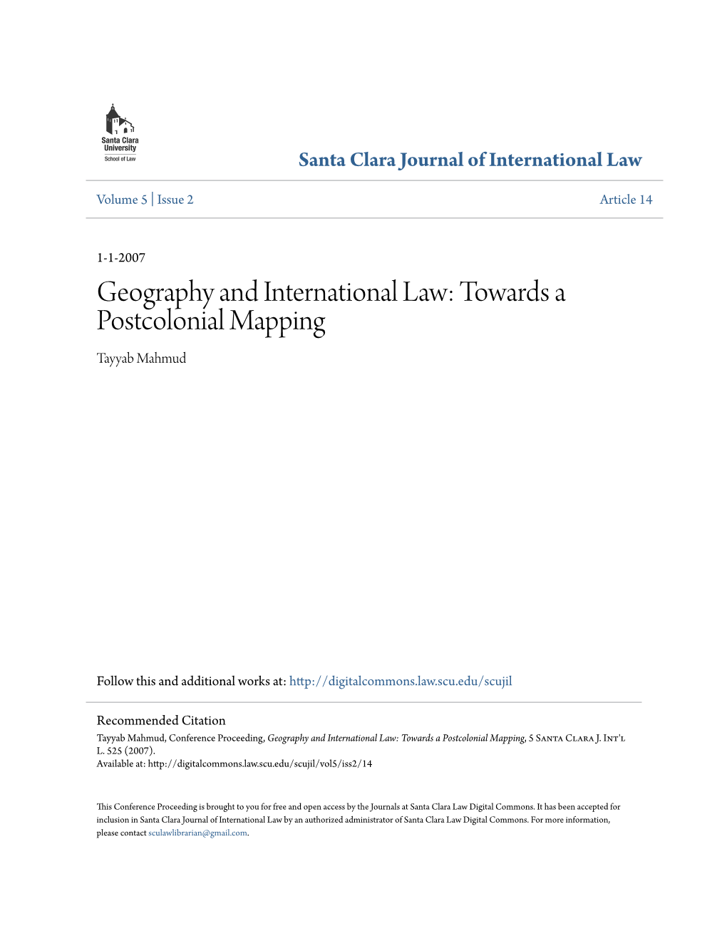 Geography and International Law: Towards a Postcolonial Mapping Tayyab Mahmud