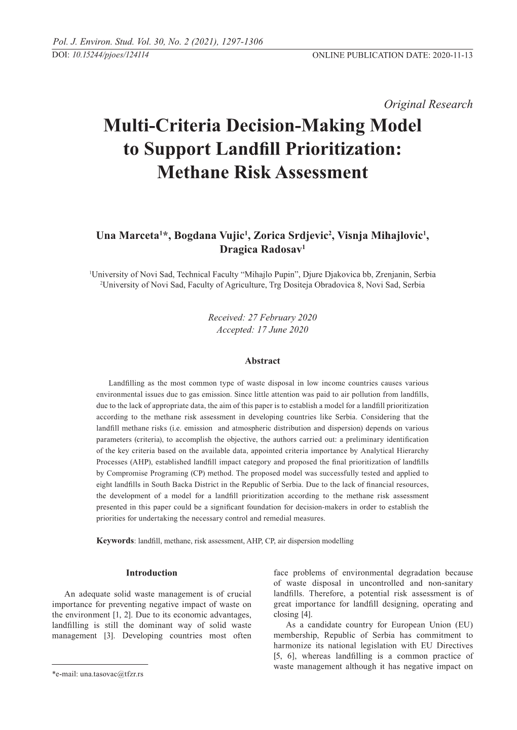 Multi-Criteria Decision-Making Model to Support Landfill Prioritization: Methane Risk Assessment