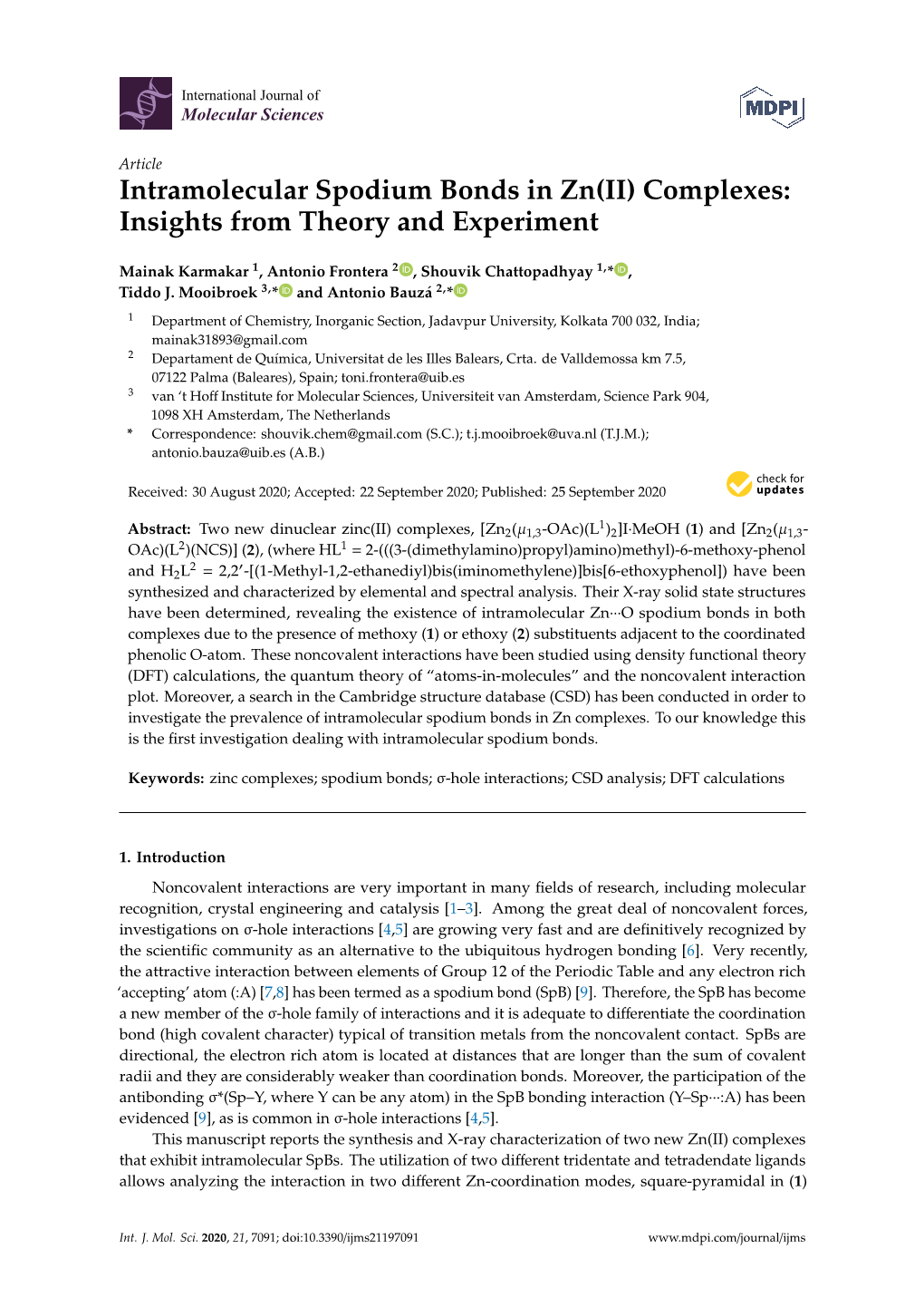 Intramolecular Spodium Bonds in Zn(II) Complexes: Insights from Theory and Experiment