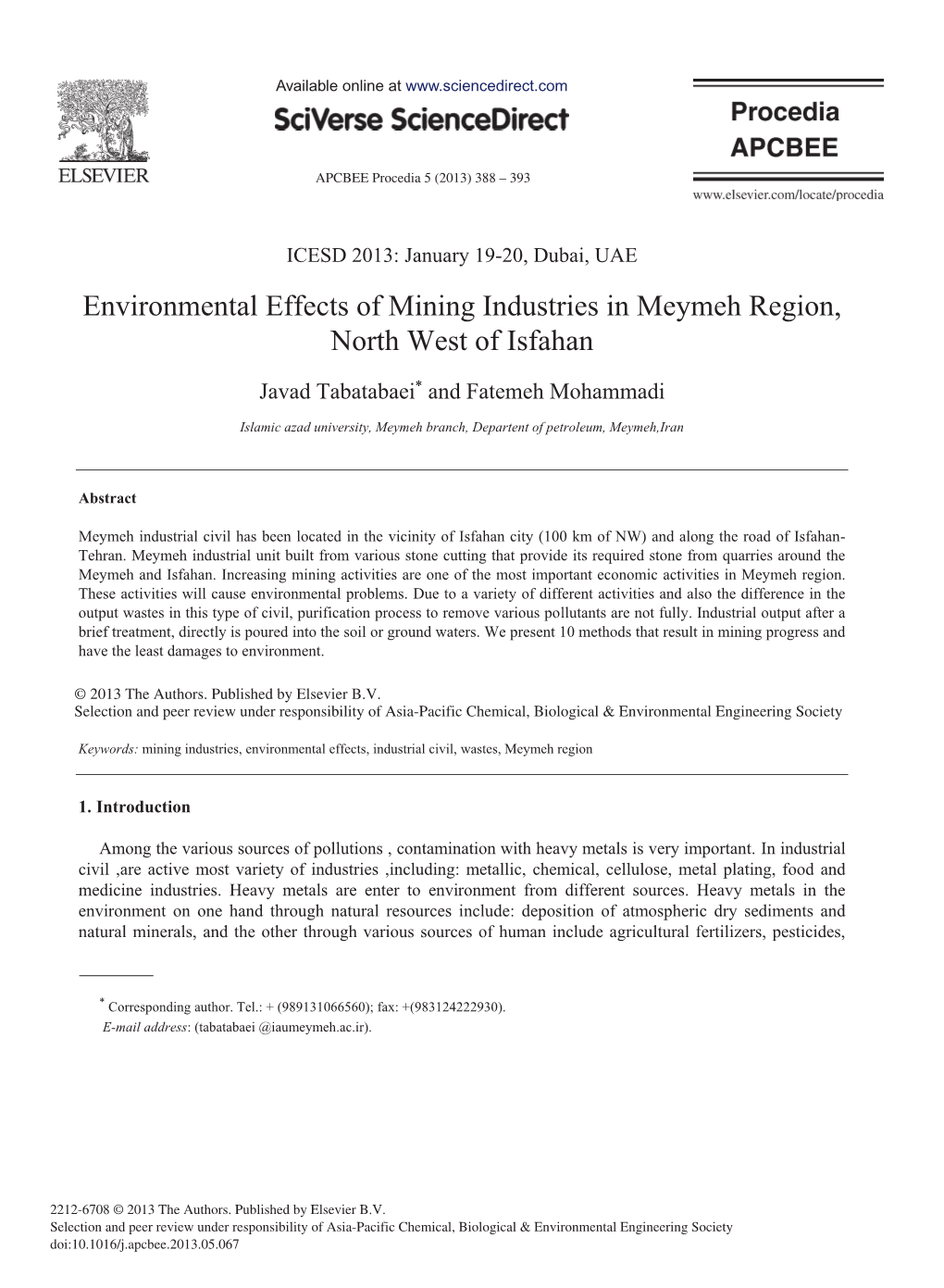 Environmental Effects of Mining Industries in Meymeh Region, North West of Isfahan