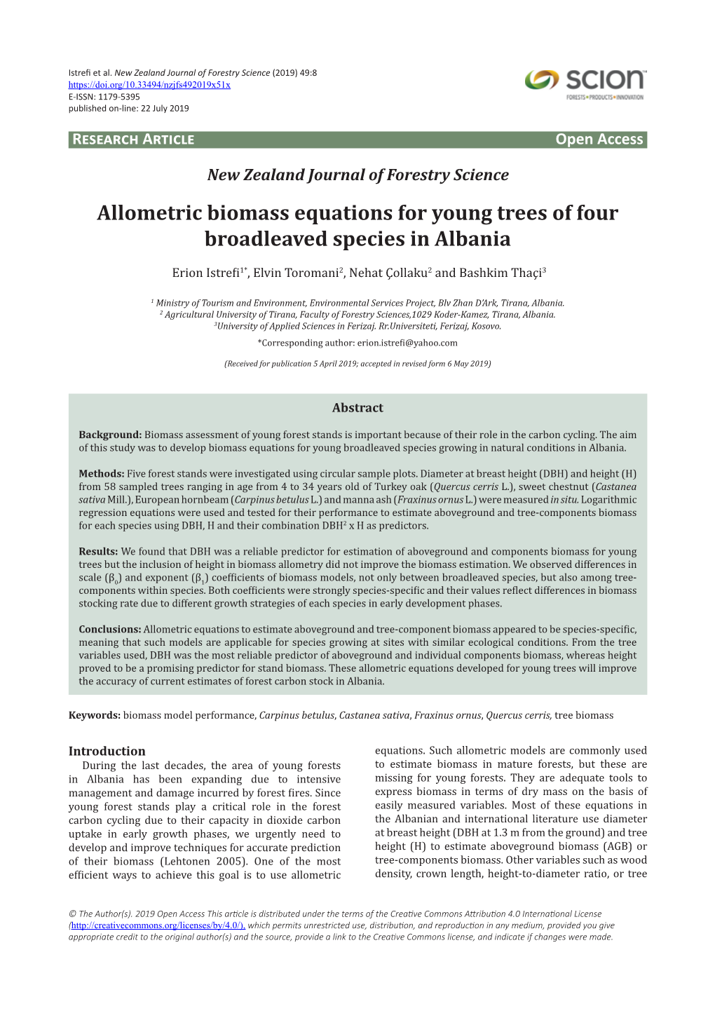 Allometric Biomass Equations for Young Trees of Four Broadleaved Species in Albania